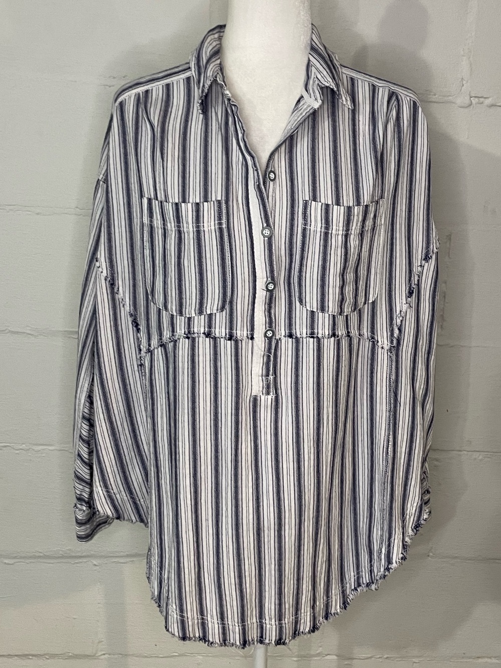 We The Free Striped Button-Front Tunic Blouse in White and Navy - Picture 1 of 4